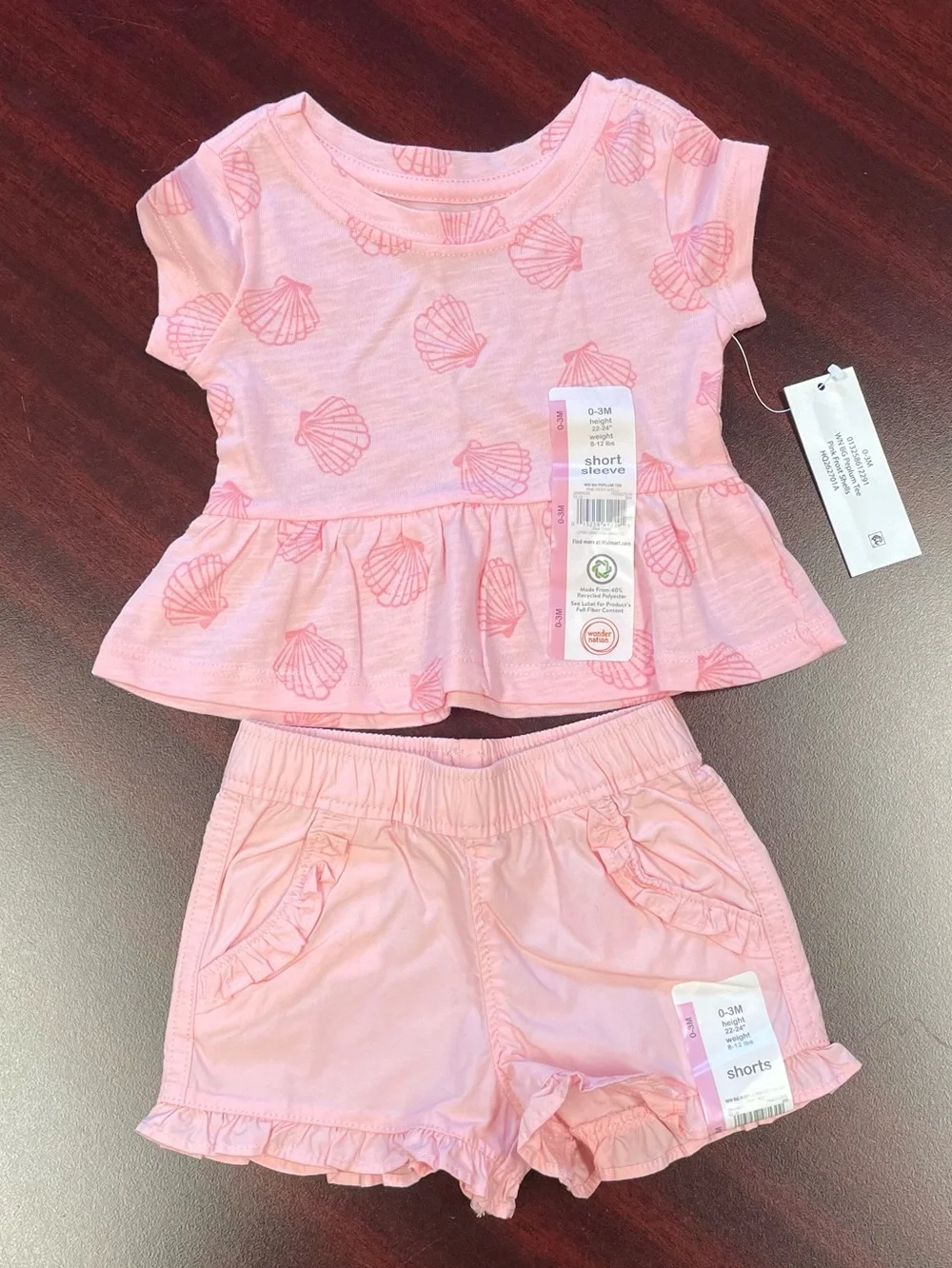 💖5 for $25💖 Wonder Nation Baby Girl Pink Seashell Peplum Top & Ruffle Shorts Set